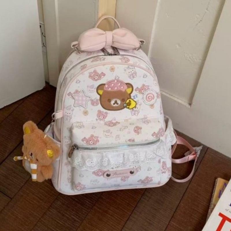 Schoolbag Korean Version Ins Cartoon Bear Backpack Female Niche Design Cute Bow Sweet Print Lace Backpack