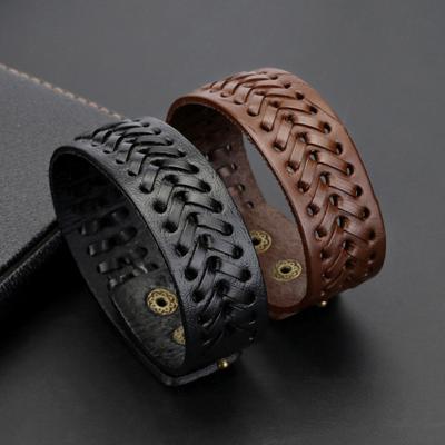 Vintage Men Faux Leather Wide Braided Bracelet Cuff Button Wristband Bangle