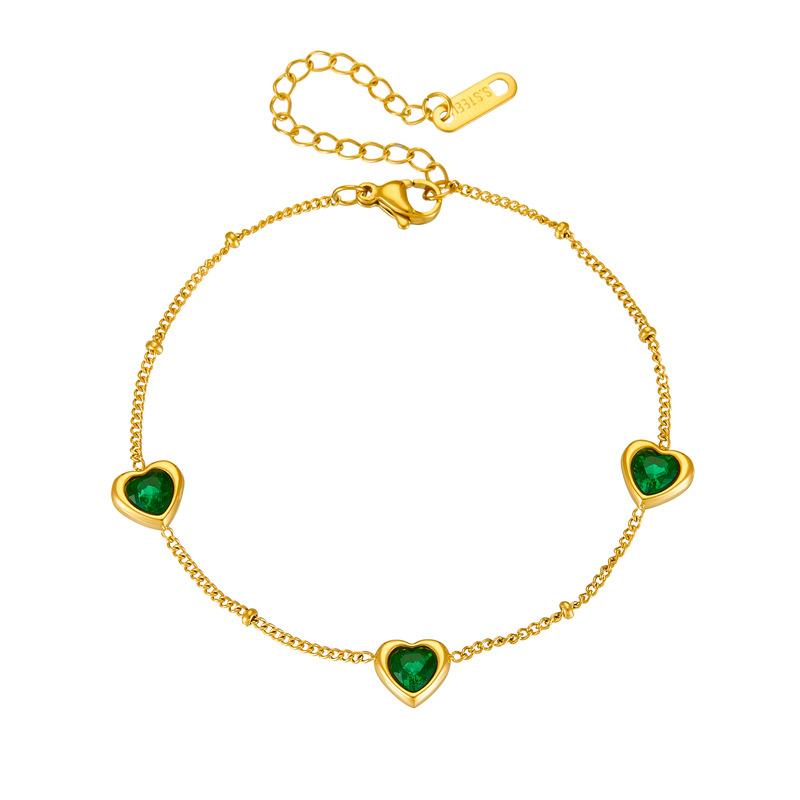 18K Gold Plated Green Heart Charm Bracelet, Dainty Emerald CZ Link Bracelet for Women, Elegant Jewelry