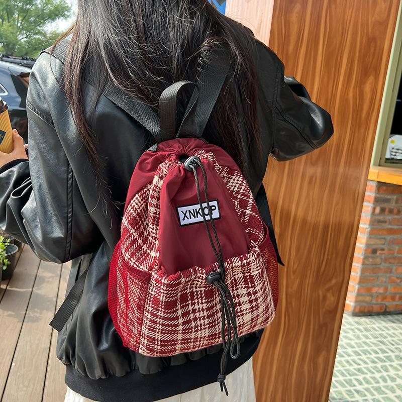 Woolen Plaid Drawstring Shoulder Bag Trendy Student Schoolbag Simple Personalized Backpack