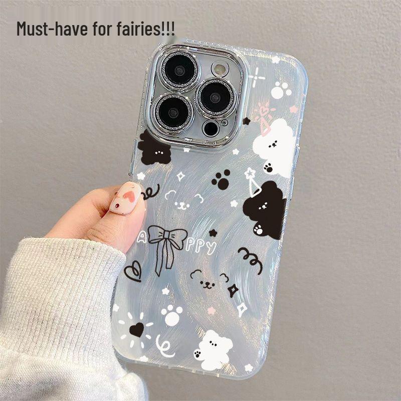 

Black & White Little Bear Gauze Shell for Apple 17 Pro Max with Rhinestone Lens Protector, Cartoon Design, Compatible with iPhone 14, 15, 16 Pro. iPhone 14 Plus