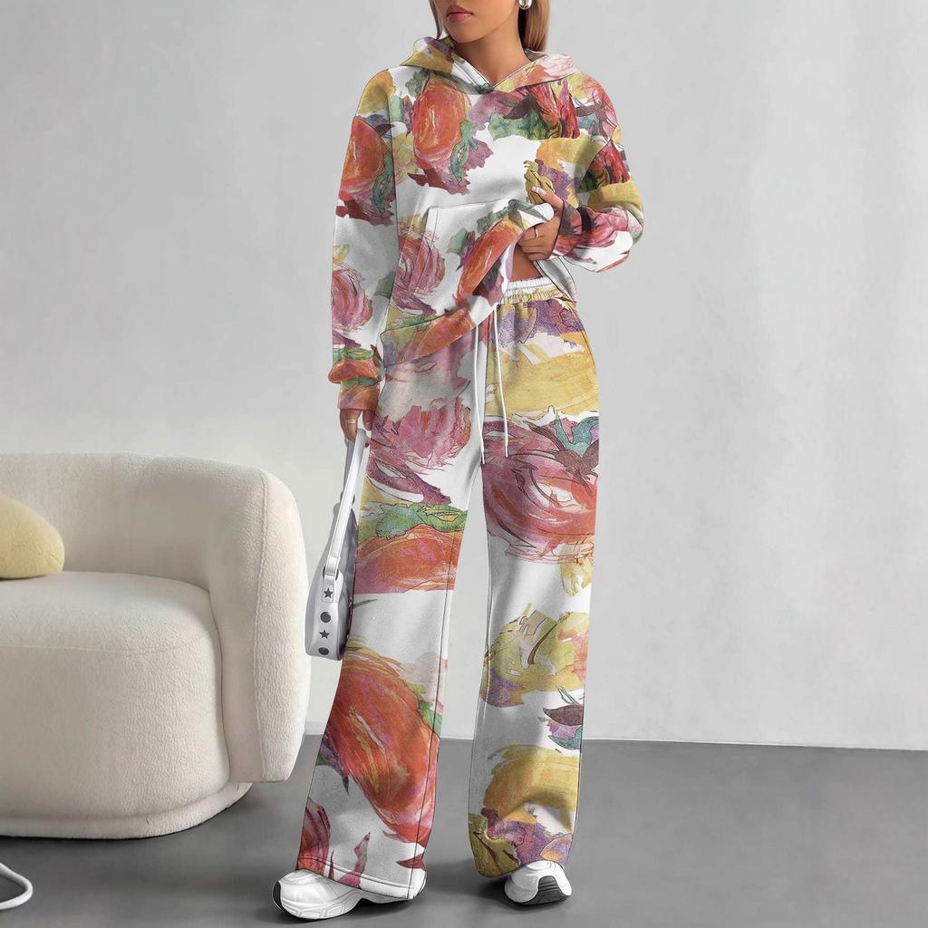 European, American Autumn And Winter Casual Retro Flower Long-Sleeved Suit Women'S Hooded Sweater Trousers Two-Piece Set