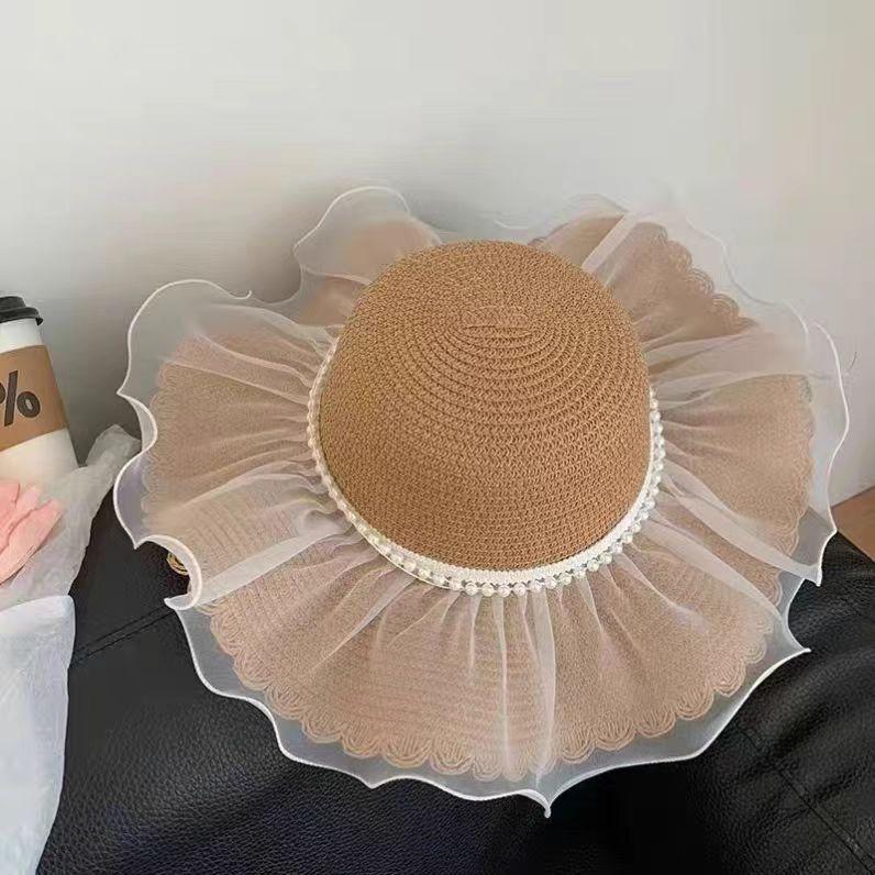 Lace Bow Straw Hat Women's Summer French Large Brim Sunscreen Hat Seaside Beach Vacation Sun Hat