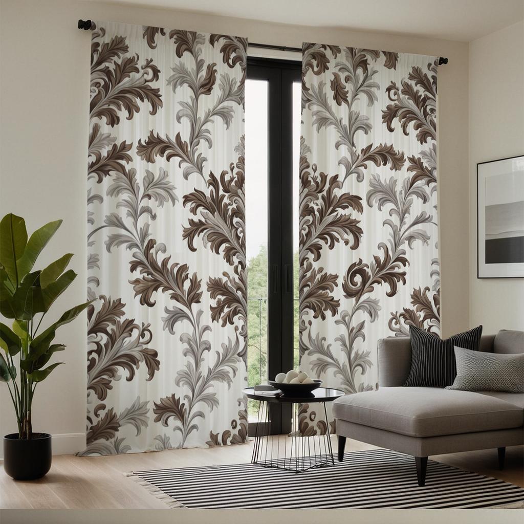 2Pc Brown And Gray Floral Print Curtains, Polyester Fabric, Machine Washable, Suitable For Living Room, Bedroom, Study