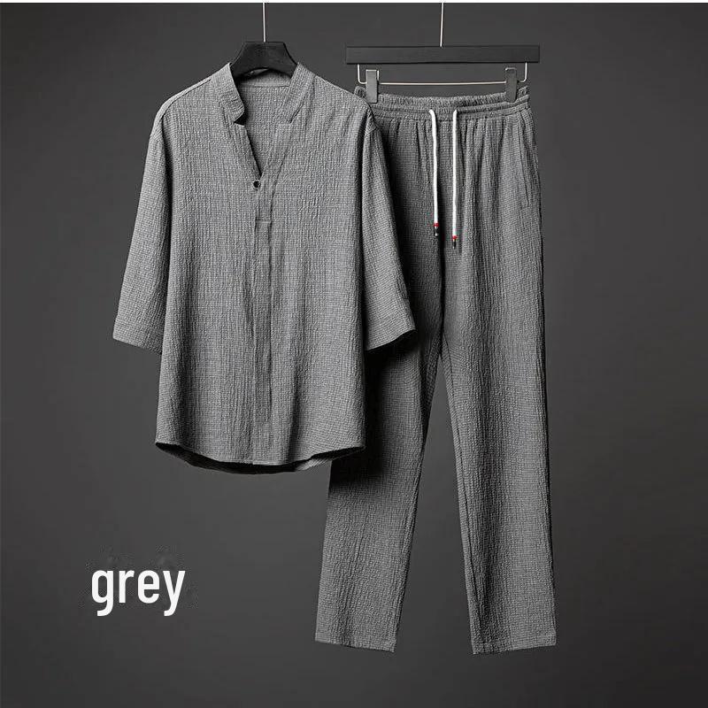 

Мужской летний ультратонкий костюм: Легкий роскошный свободный двухкомпонентный купальник со средним рукавом, большой размер, горячая распродажа 2025 г. XL серый