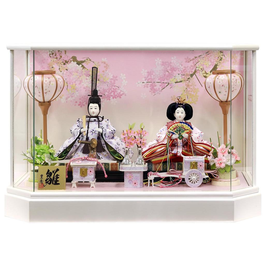 Hina Doll Hina Doll Prince Case Decoration Hexagonal Case Decoration White Painted Panoramic Glass Case Cherry Blossom Back with LED Width 56 X Depth