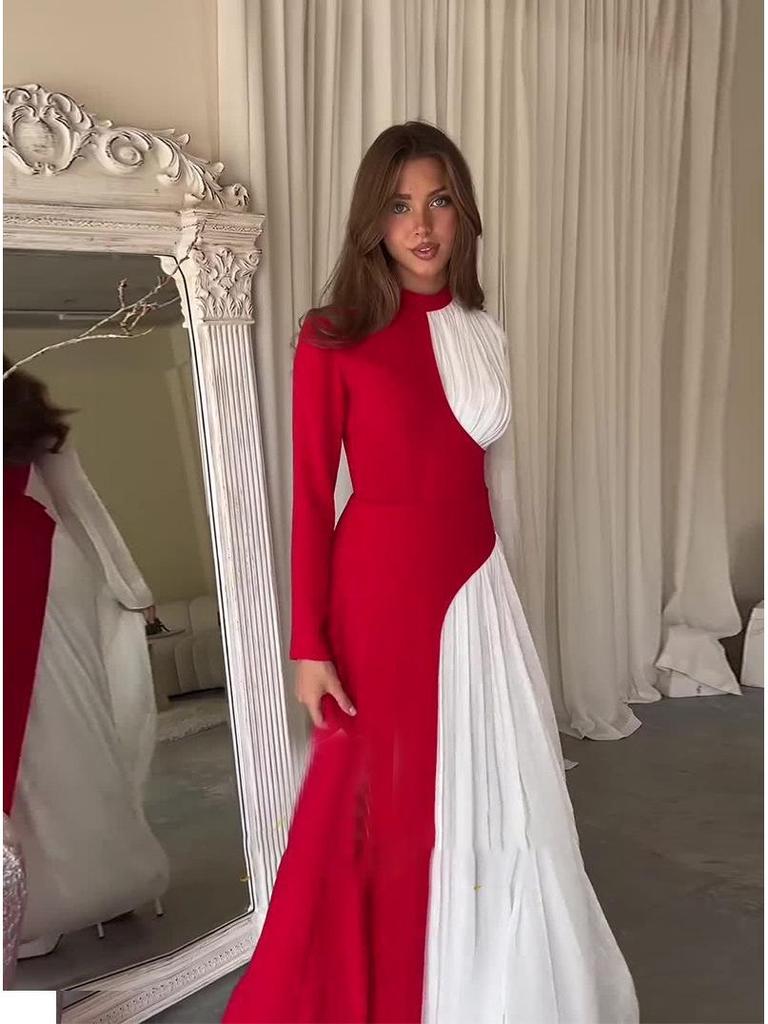 2024 Autumn/Winter Women's European Retro Color Block Slimming Long Sleeve Evening Dress