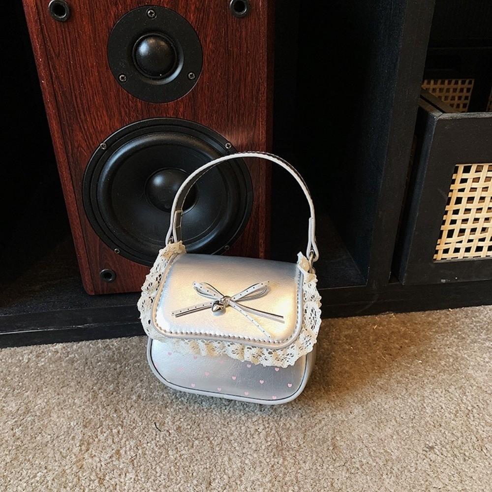 Elegant PU Leather Women Lipstick Bag Soft Knot Design Crossbody Bag Lace Trim Sweet Style Shoulder Bag