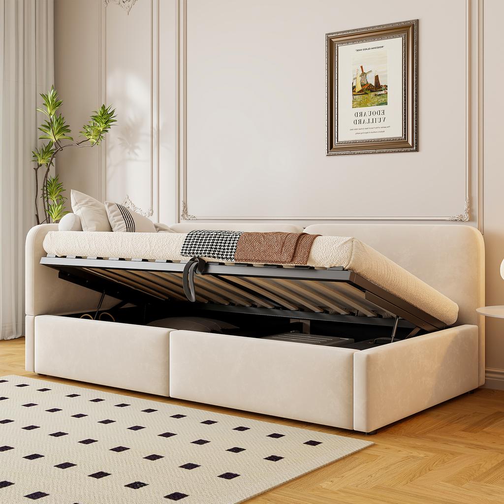 Letto imbottito 90x200 divano letto, velluto, contenitore idraulico, testiera alta, schienale intercambiabile, adatto per bambini e adulti, beige