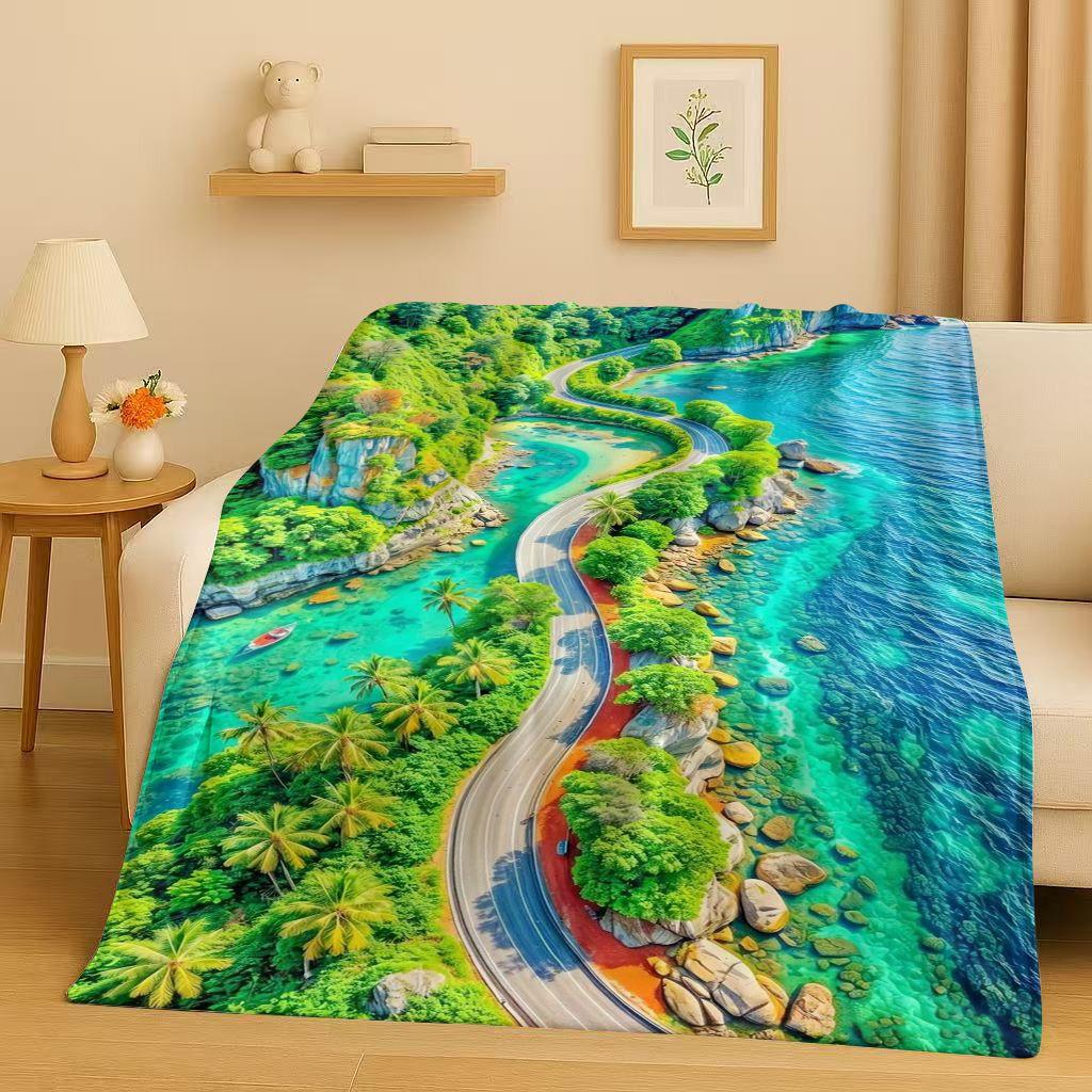 3D Beautiful Natural Scenery Sea Sky Tree Flannel Blanket,Ultra Soft Warm Plush Throw for Home Bedroom Bed Sofa Cover Kids Gift