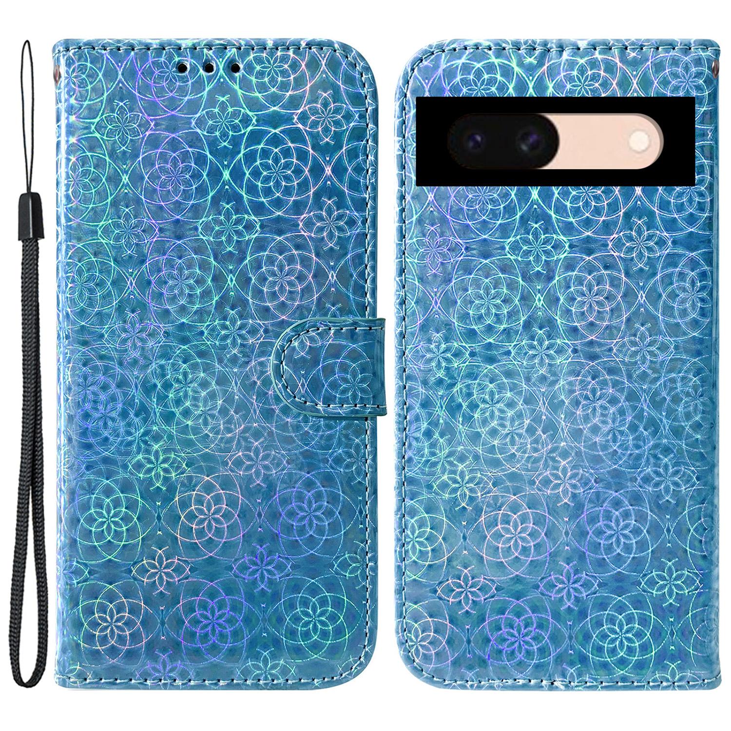 

For Google Pixel 8a Case PU Leather Dazzling Flower Phone Cover with Card Slots Blue