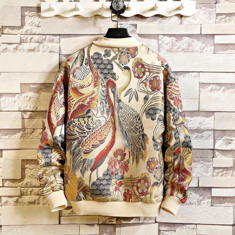 2026 Men Print Baseball Jacket Coats Men Embroidery Crane Jacket Chinese Style Optional Harajuku Bomber Jacket Men Oversize Outerwear