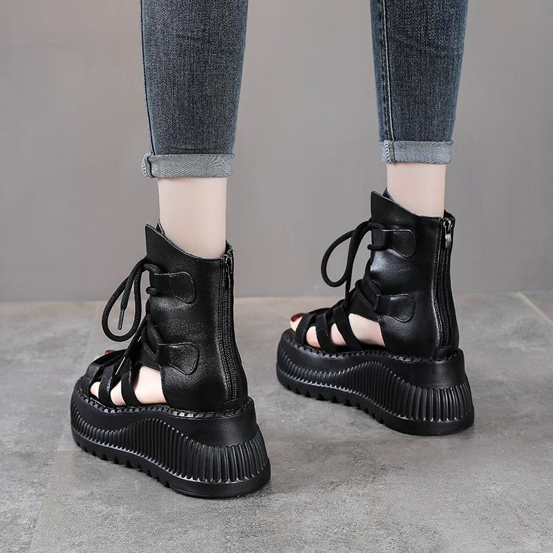 Mode GKTINOO 8cm Etnische Koe Echt Leer Enkellaarsjes Dames Hol Peep Toe Platform Sleehak Ademend Rits Zomer Mode Schoenen