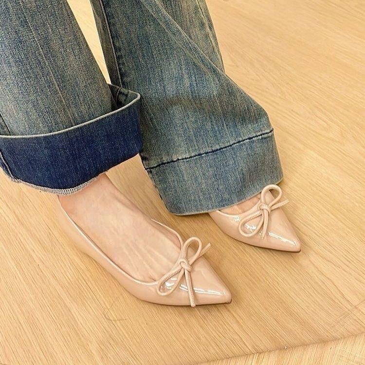 French temperament bow light mouth thick heel single shoes versatile comfortable sexy pointed soft sole one pedal