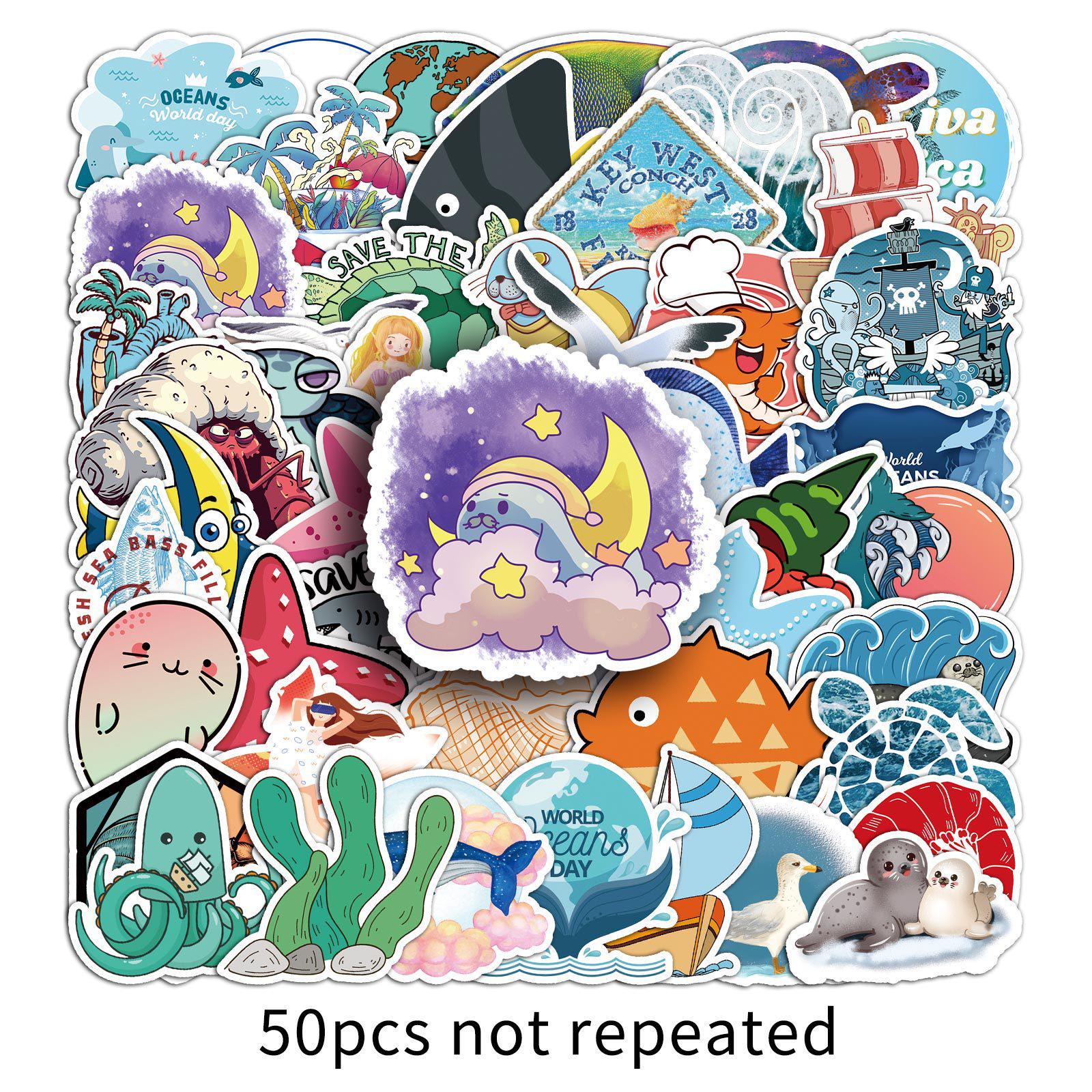 50 Ocean Series Waterproof Stickers: Cartoon Marine Life for Cups, Journals, and Luggage