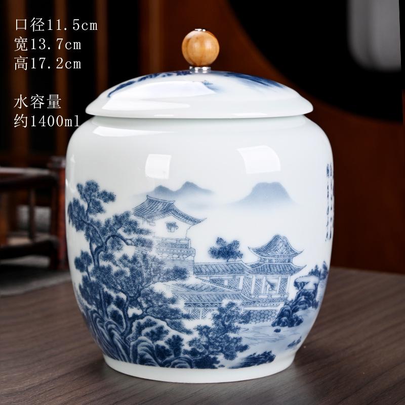 Ceramic tea can Pu erh black tea universal sealed multifunctional storage tank mountain water blue and white porcelain tea box