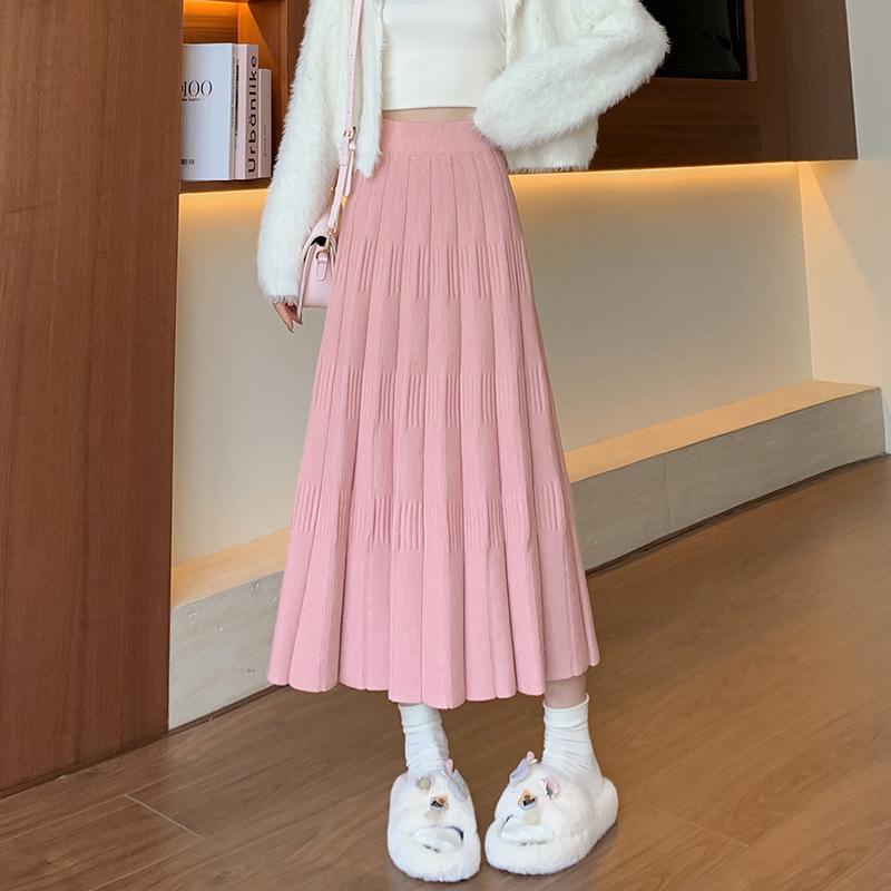 Autumn & Winter High-Waisted Knitted Pleated Long Wool Skirt for Women