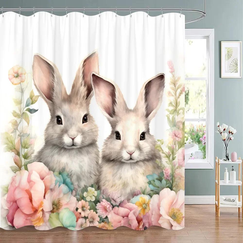 Easter Shower Curtain Cute Cartoon Bunny Watercolour Style Washable Polyester Fabric Shower Curtains Bathroom Decor With Hooks