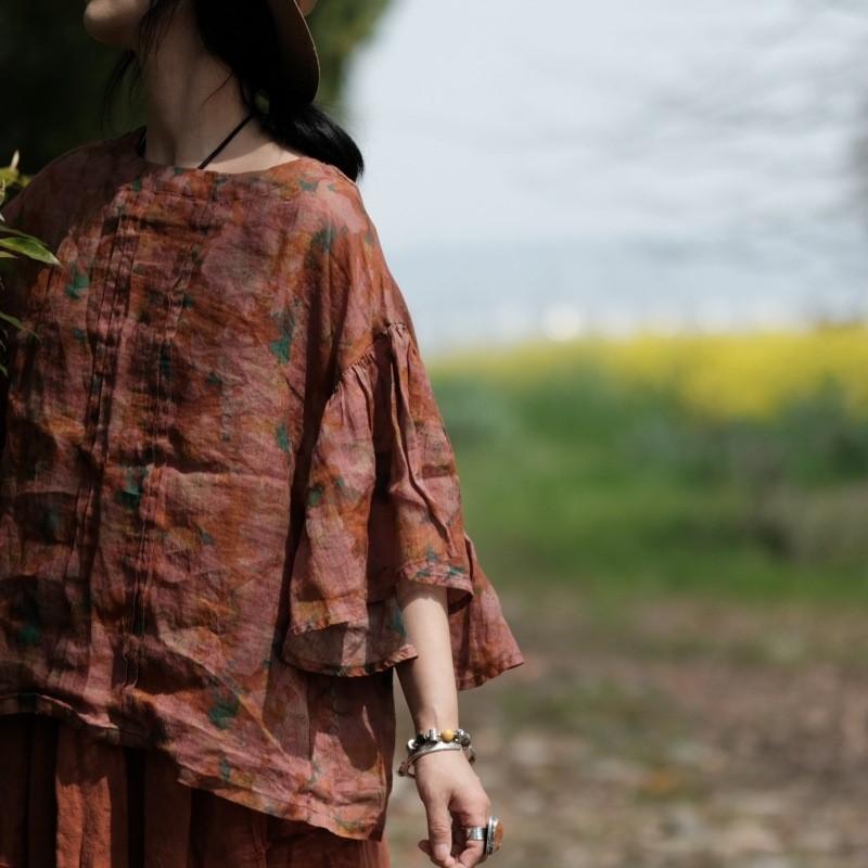 Johnature Mode Vintage Leinen Lose T-Shirt Frühling Sommer Frau O-Ausschnitt Casual Halbarm Blumen Druck T-Shirt