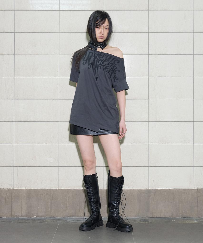 Yusentig Asymmetrical Print Off-Shoulder T-Shirt Dark Gray Aw6Me40413
