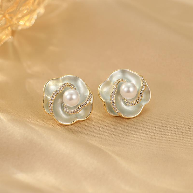 French light luxury flower earrings 925 silver needle niche design dripping oil geometric temperament high-end stud earrings ear jewelry
