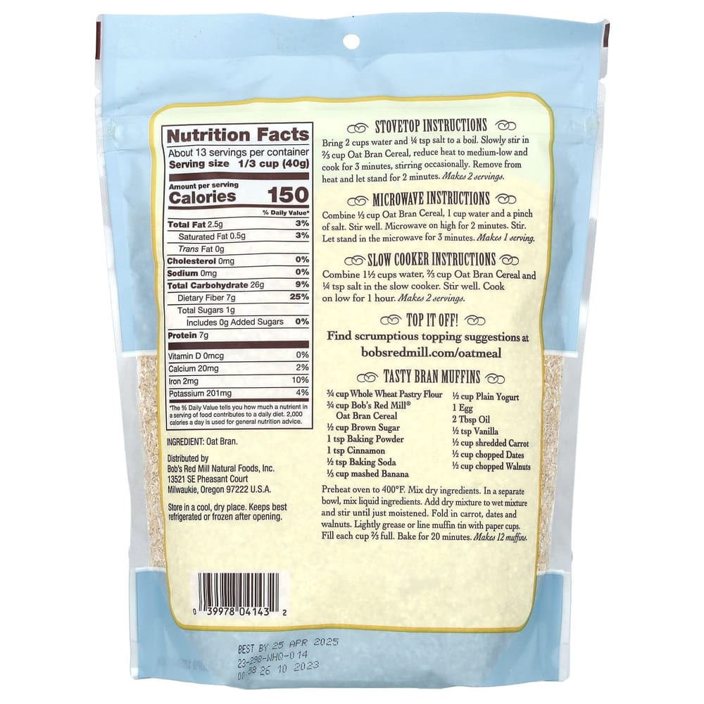 Bob's Red Mill High Fiber Oat Bran Hot Cereal 510g (18oz)
