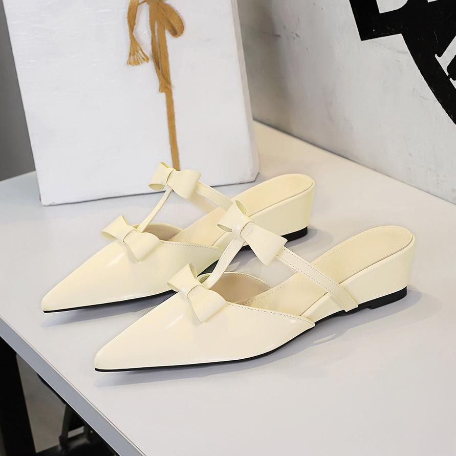 8CM French Wedge Heel Pointed Sandals Versatile Bow Medium High Heels Heightening Slippers Women's Outer Wear