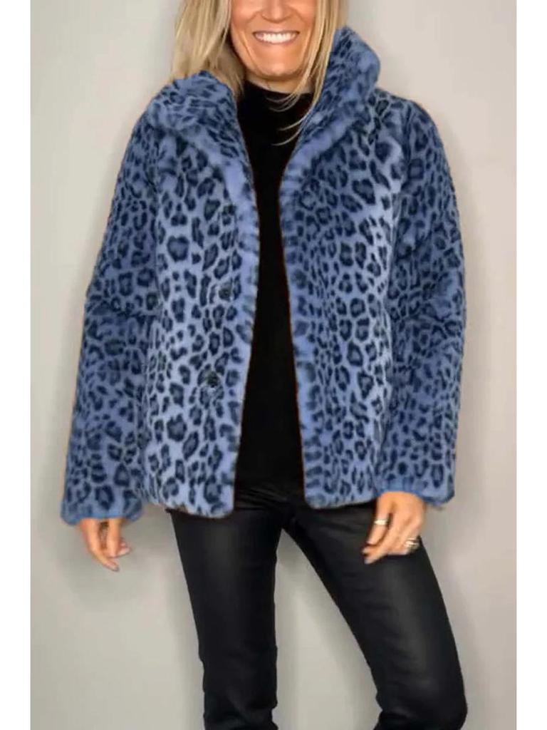 2024 Winter Women's Fashion Leopard Print Faux Fur Coat with Lapel 