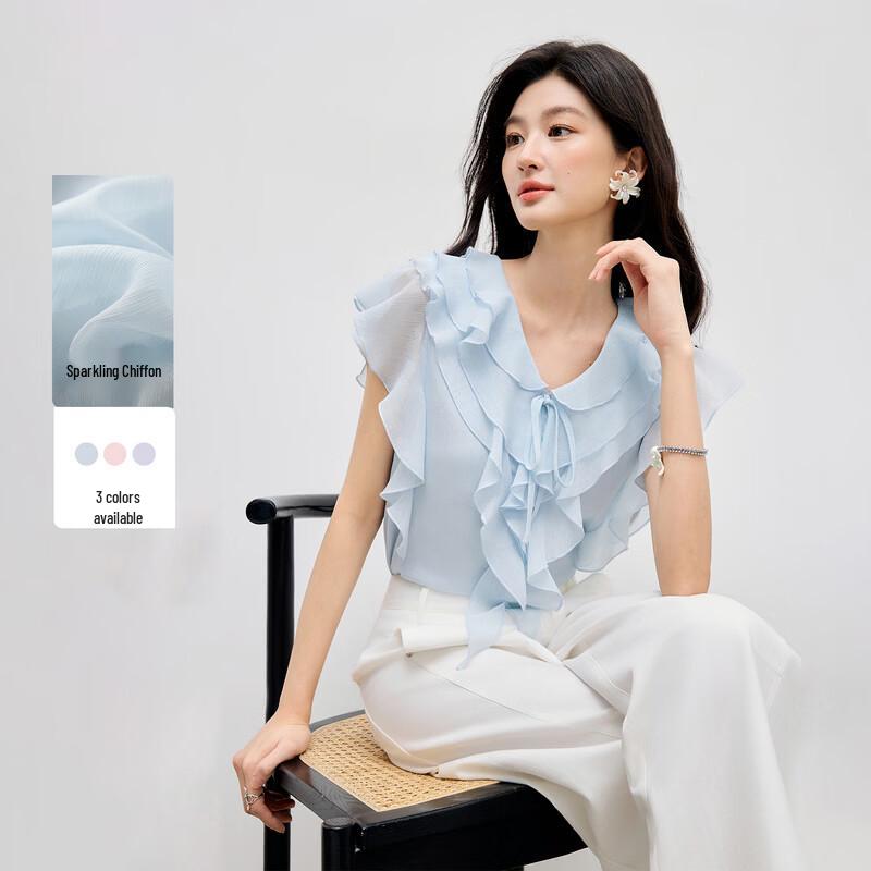 

Elegant V-Neck Ruffle Chiffon Blouse with Tie-Detail XL