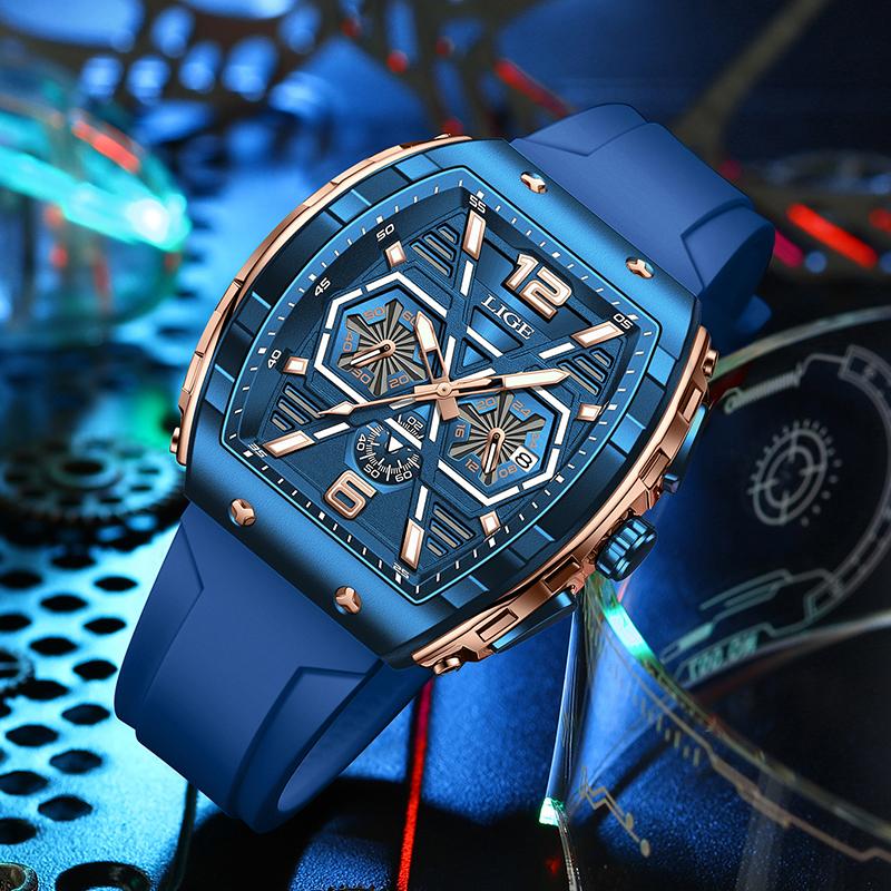 LIGE Brand Luxury Men's Watches Waterproof Sports Luminous Silicone Strap Chronograph Quartz Wristwatch for Men Reloj Hommes