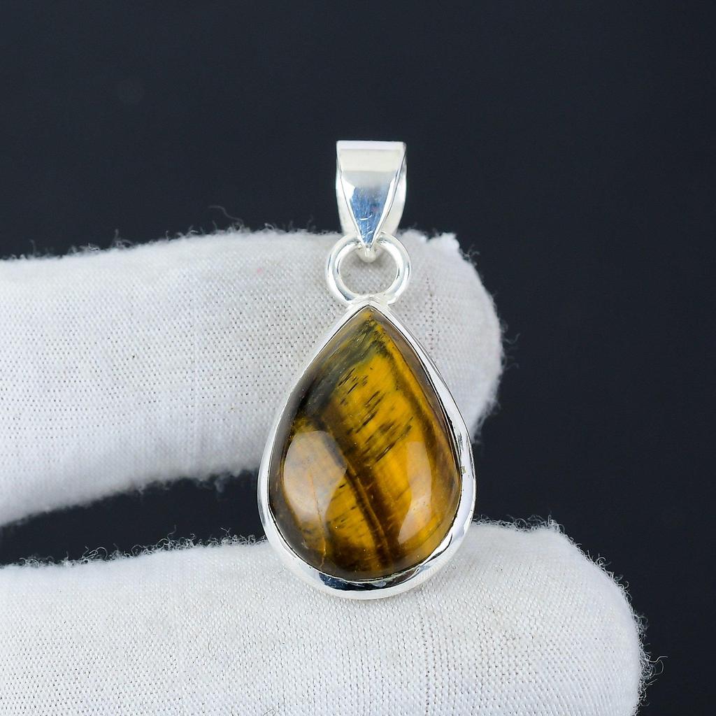 Natural Tiger Eye Gemstone Silver Pendant In 925 Sterling Silver- Handmade Design, Everyday Wear Jewelry, Unique Pendant Engagement Gifts