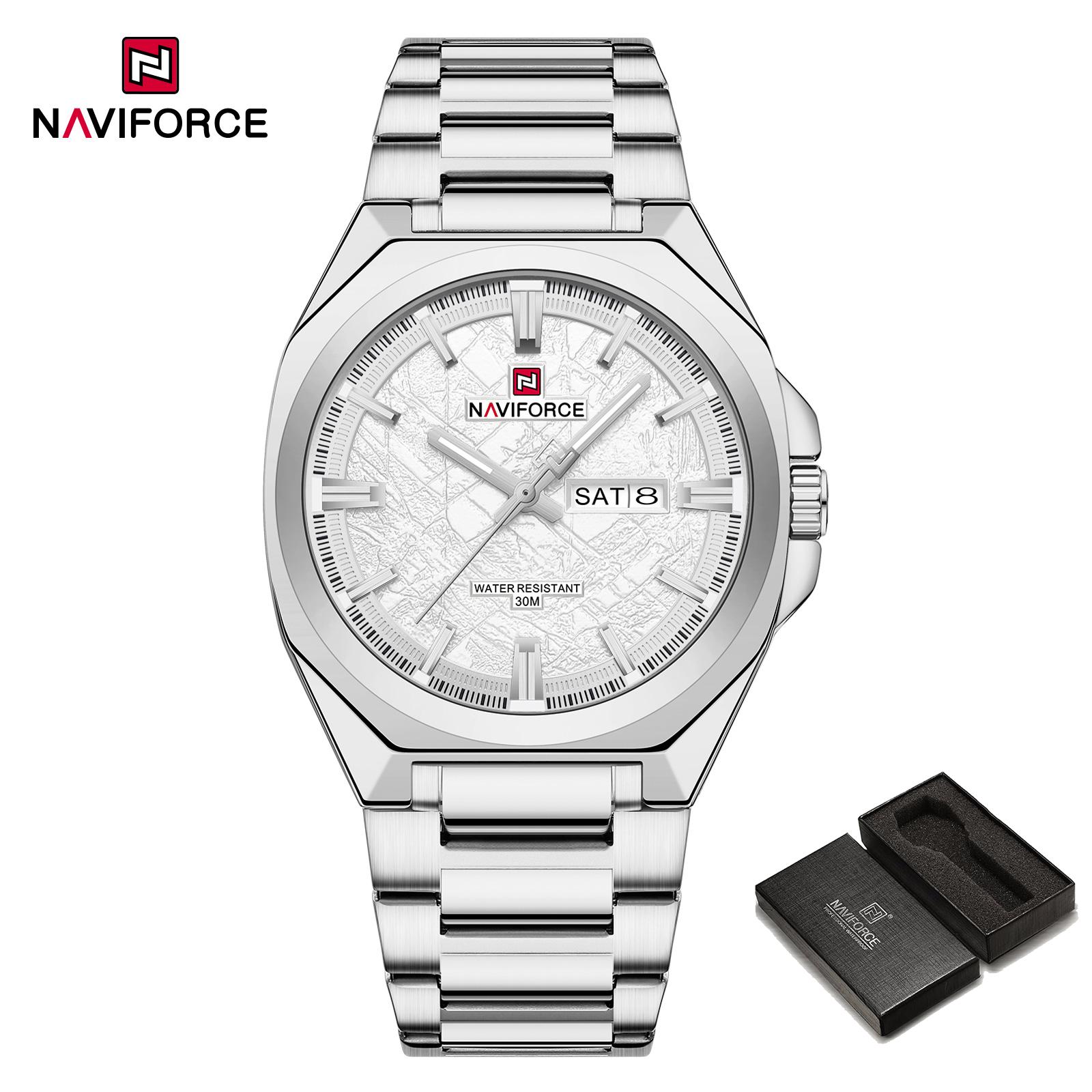 

NAVIFORCE Original Men Fashion Watch Calendar Date Luminous Hands Simple Dial 30m Waterproof Stainless Steel Strap Men Business Watch NF9273 серебряный/белый