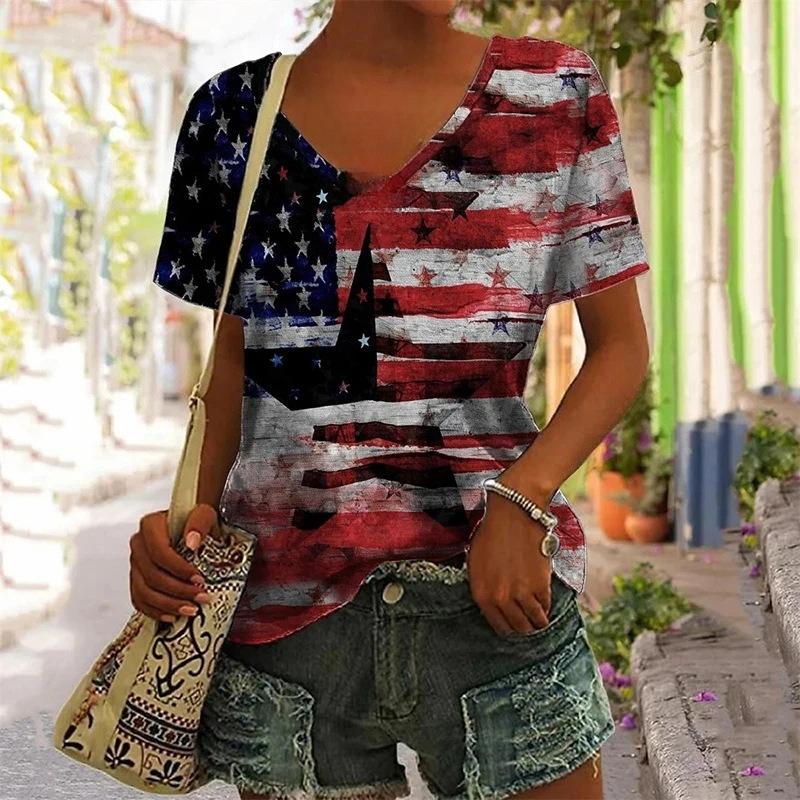 Summer Casual and Comfortable American Flag 3D Printed Women's V-neck Short Sleeved T-shirt