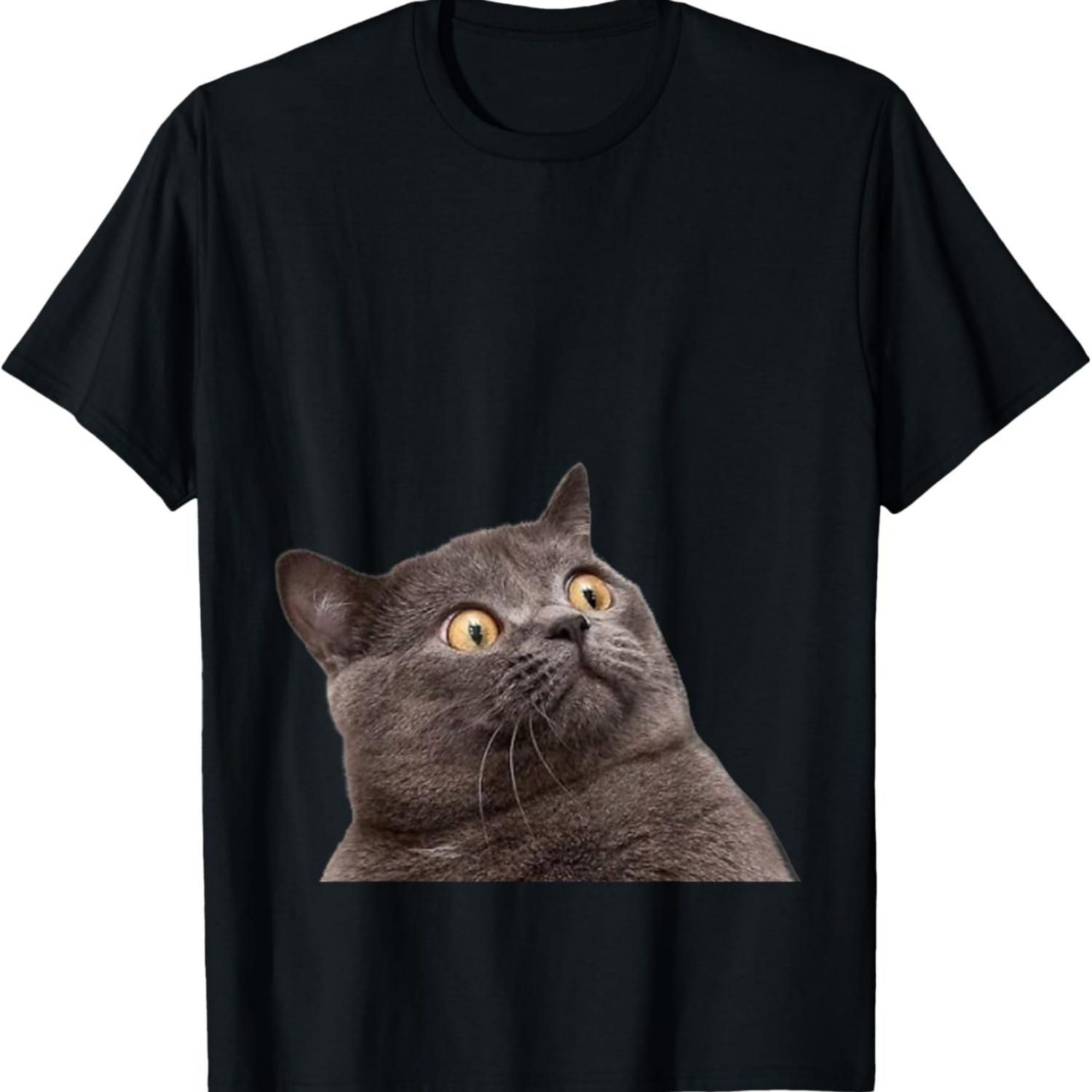 Funny Shocked Surprised Cat Meme T-Shirt for Men Women Kids S