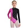 Girls Metallic Gymnastics Bodysuit Long Sleeve Rhinestone Color Block Leotard Competition Dancewear