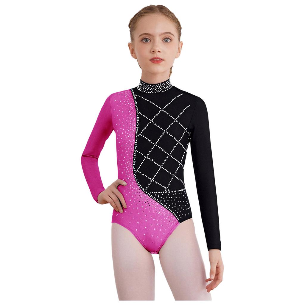Girls Metallic Gymnastics Bodysuit Long Sleeve Rhinestone Color Block Leotard Competition Dancewear