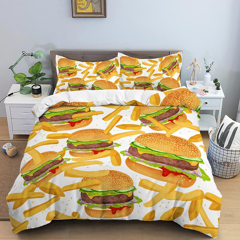 Snack Duvet Cover Set Coffee Bread Donut Pattern Pink Polyester Comforter Cover For Kids Adult Teen Bedding Set Queen King Size