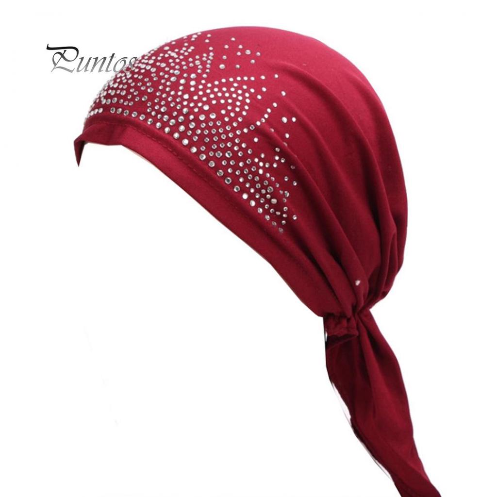 Cute Lady Rhinestone Muslim Turban Hat Chemo Cap Hair Loss Hijab Cap Cover