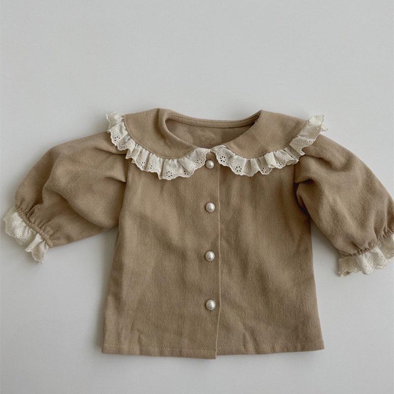 

Весенняя рубашка-кардиган с кружевными лацканами и длинными рукавами для девочек – стильные новые топы 90cm абрикосовый