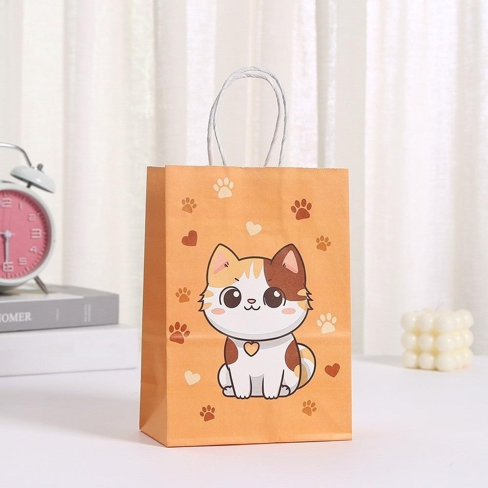 12pcs New Cute Cat Pattern Party Favor Bags 21x15cm Thickened Kitten Goodie Bag with Handle Candy Gifts Bag for Baby Shower