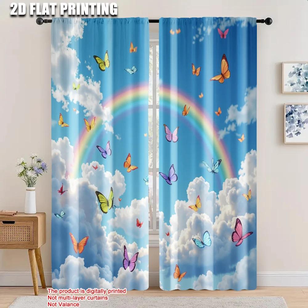 

Set Of 2 Flat Printing Party Window Curtains Many Butterflies Versatile Polyester Fabric Without Electricity Decorations Curtain W100*H70(CM)-Rod Pocket&1PCS