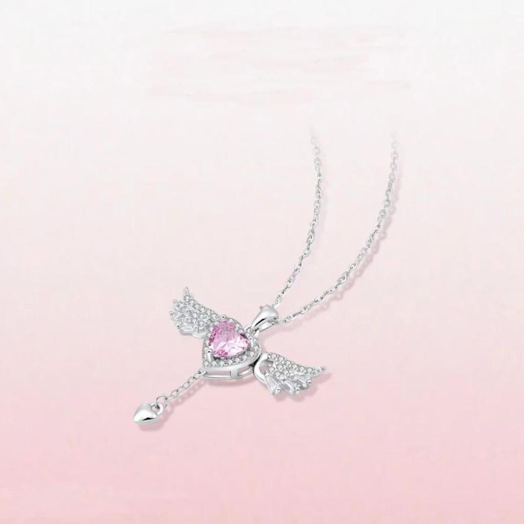 S925 Sterling Silver Angel Heart Wings Necklace - Elegant, Moveable Clavicle Pendant for Women