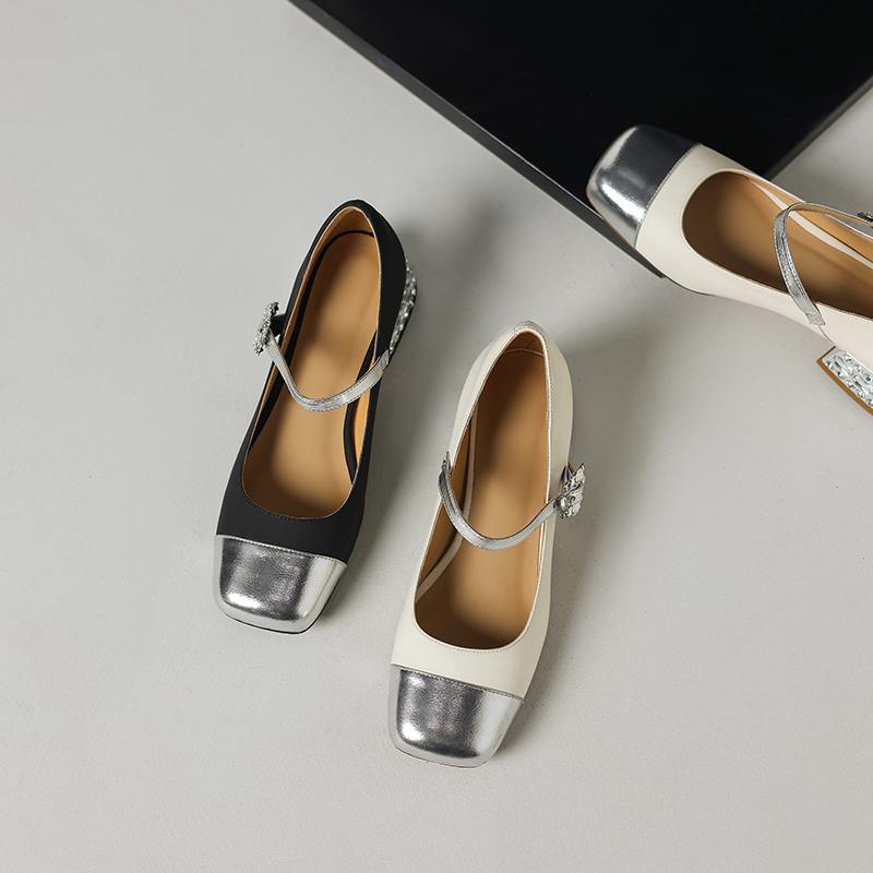 Krazing Pot Cow Skin Spring Summer Size 41 Thick Med Heels Women Square Toe Mixed Color Crystal Heels Pumps