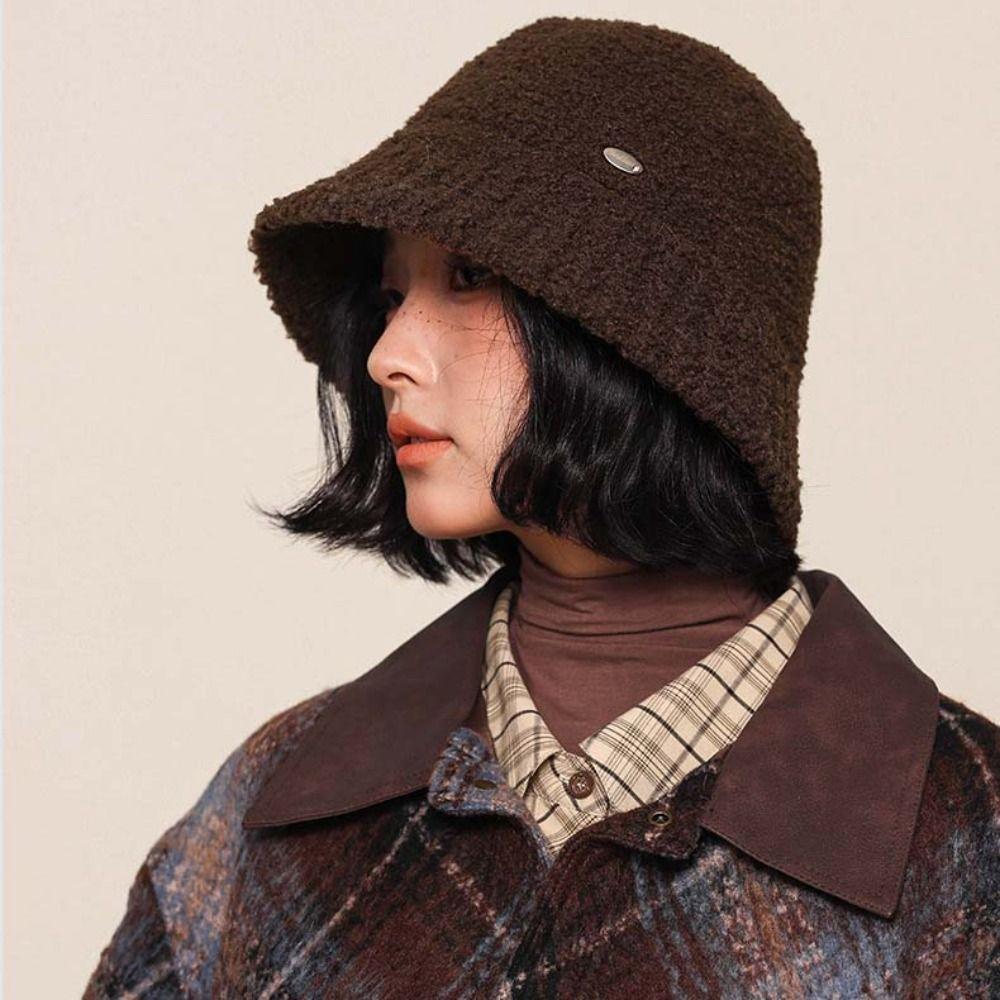 Keep Warm Women's Bucket Hat Retro Vintage Warm Basin Hat Plush Fisherman Caps  Autumn Winter