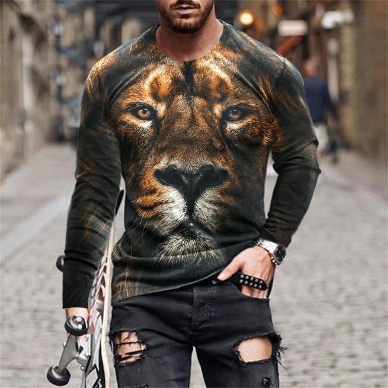 Funny 3D Lion Printed Long Sleeve T-shirt Fashion Animal Pattern Men's Tops Casual O-neck Oversized Pullover Autumn Men Clothing