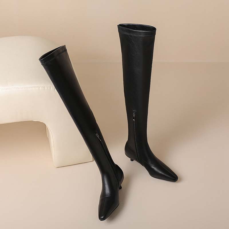 Krazing Pot Cow Skin Autumn Winter Shoes Low Heels Elastic Boots Big Size 46 Women Keep Warm Over-the-knee Boots