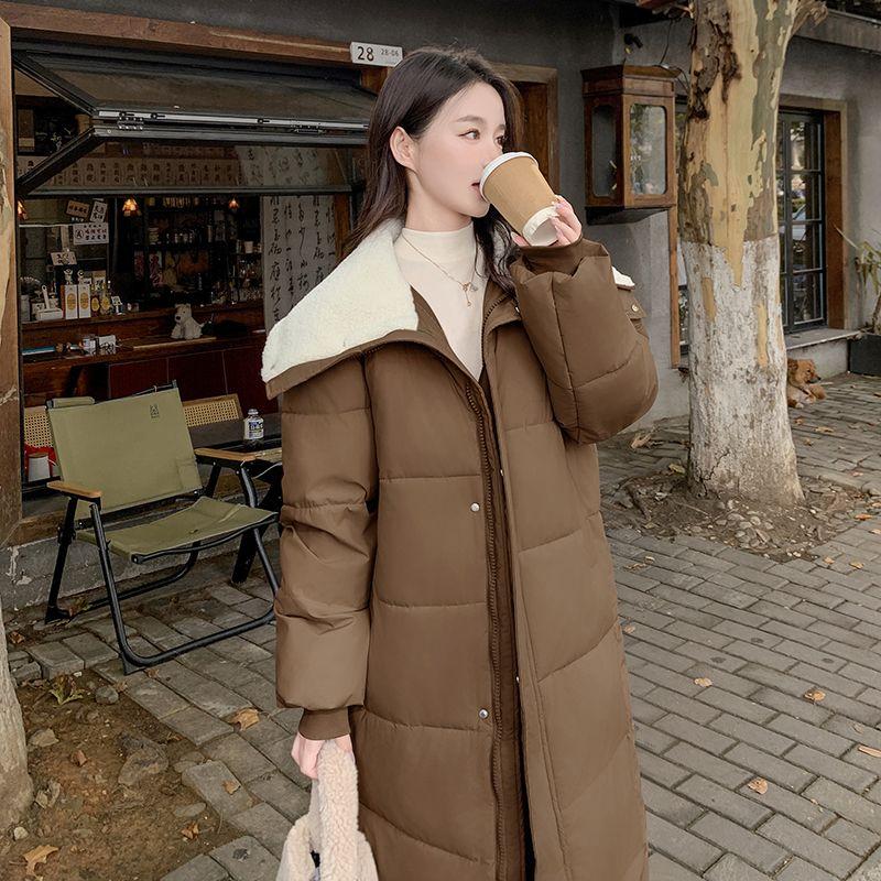 Winter Women Coat Long Length College Style Over Knee Big Collar Warm Lamb Wool Blend Jacket Trendy