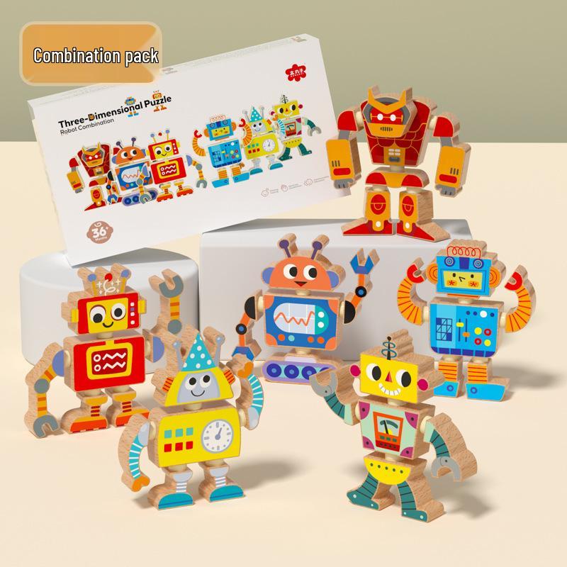 Creative DIY Wooden Robot Assembly Kit - Educational 3D Cartoon Toy