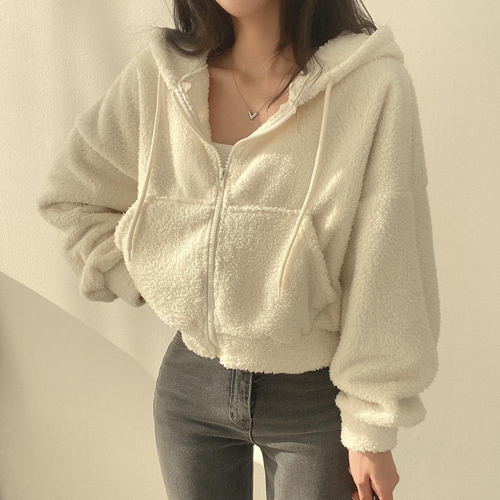 Sherpa Hoodie Women Autumn Winter Thick Warm Plush Jacket Short Zipper Hooded Coat Women