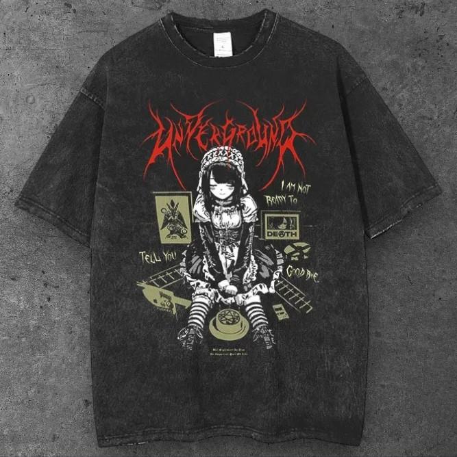 Mens Gothic Anime Girl Heavyweight T Shirt Washed Black Alt Fashion S-3XL S разноцветный